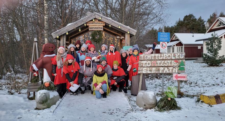 A group of people wearing elf clothes